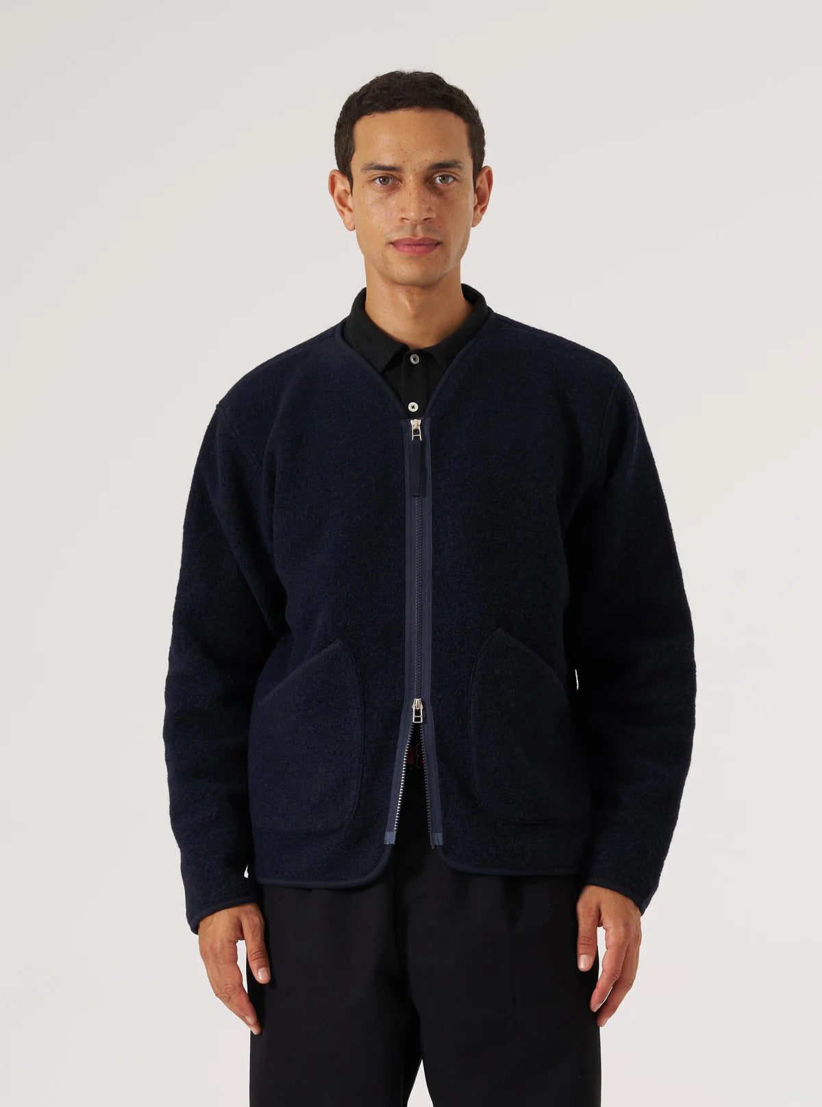 Universal Works Zip Liner Wool Fleece Jacket Navy