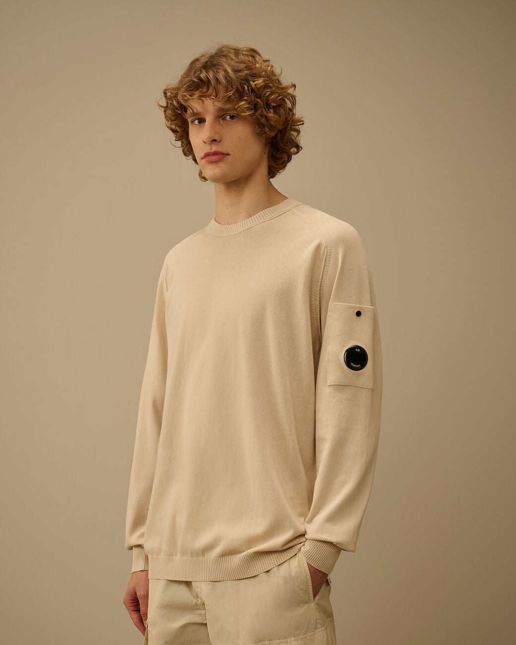 C.P. Company Cotton Crepe Crewneck Lens Sweater Frozen Dew