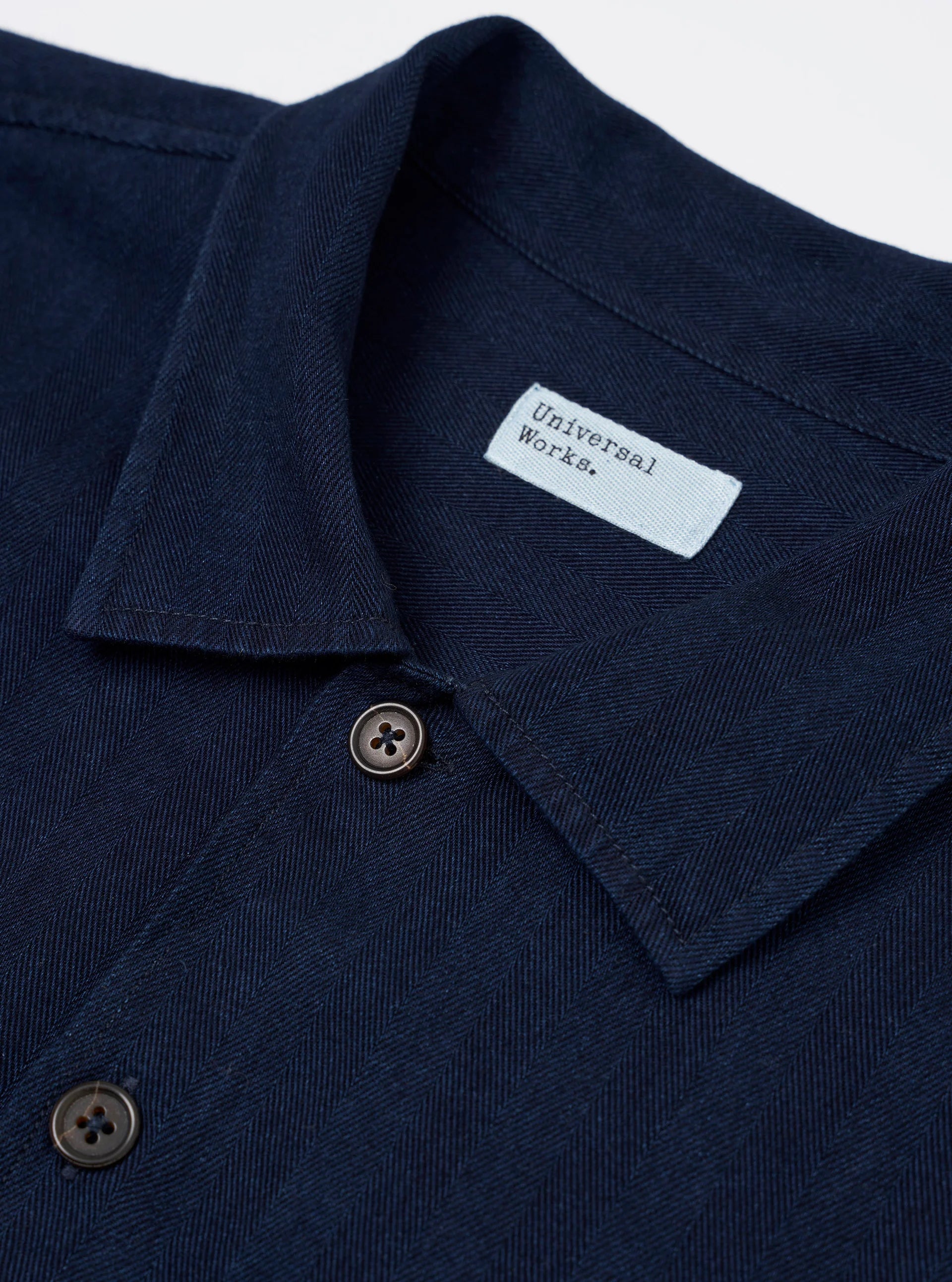 Universal Works Attendant Shirt Herringbone Recycled Indigo NO RESO