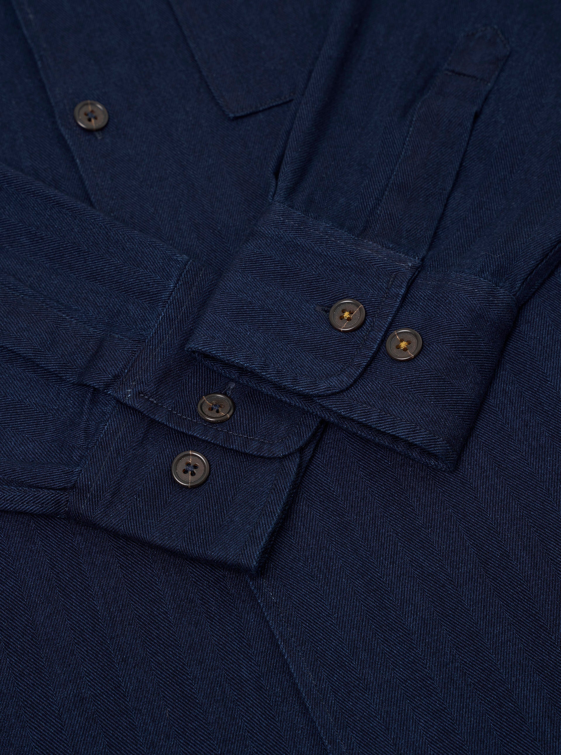 Universal Works Attendant Shirt Herringbone Recycled Indigo NO RESO