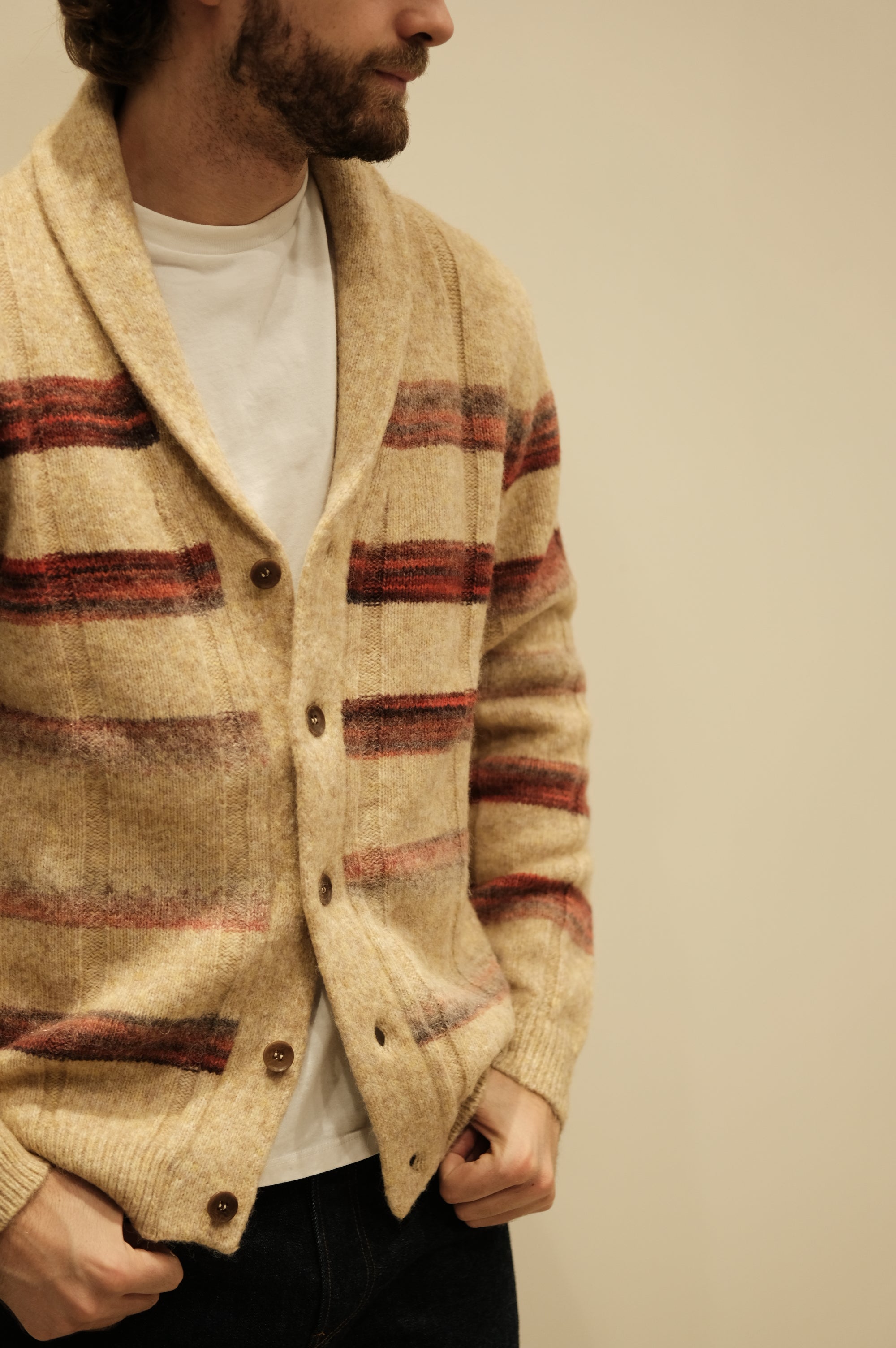 Jeordie's Maglione Sciallato a Righe e Coste Beige Melange