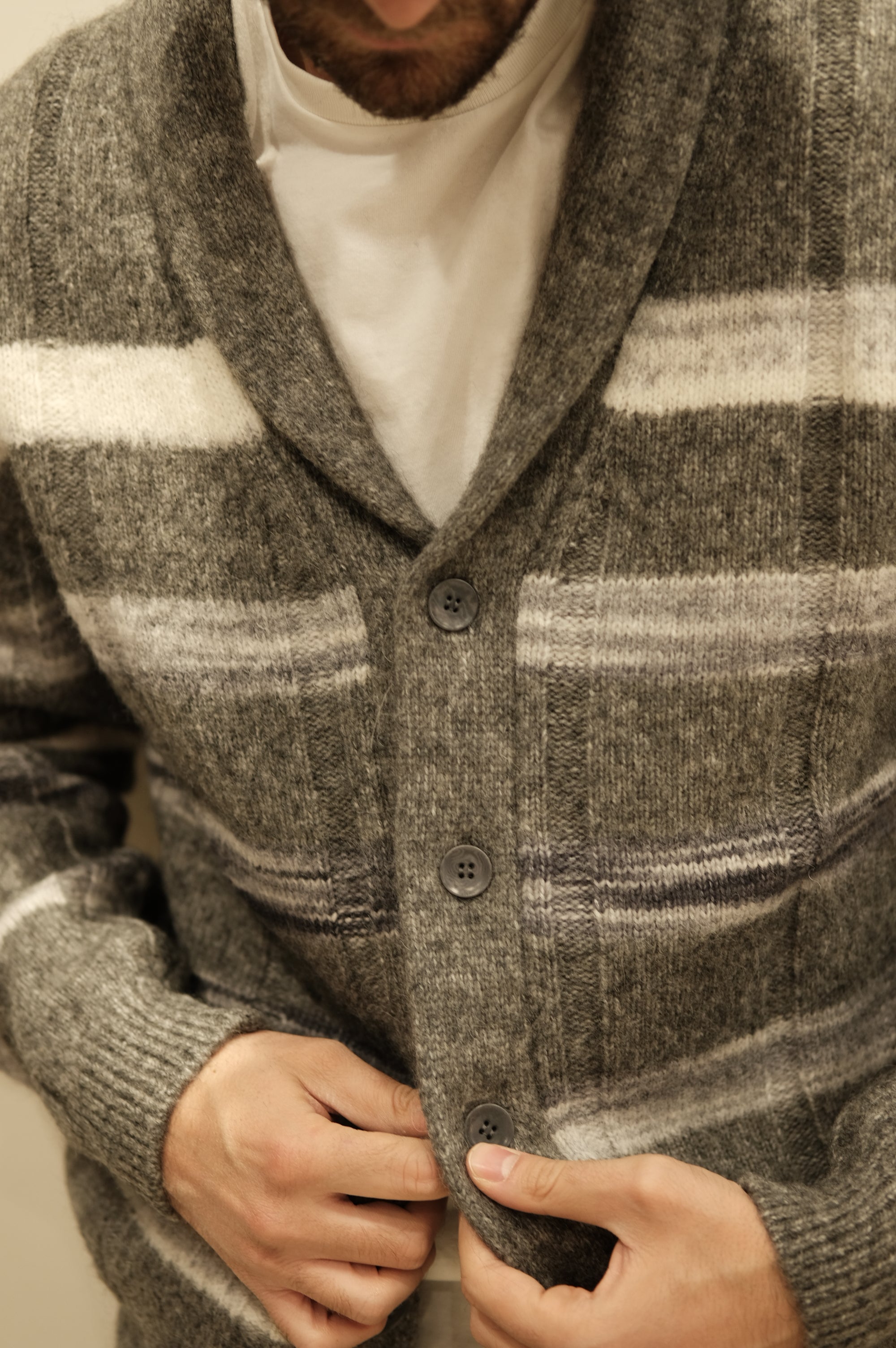 Jeordie's Maglione Sciallato a Righe e Coste Grigio Melange