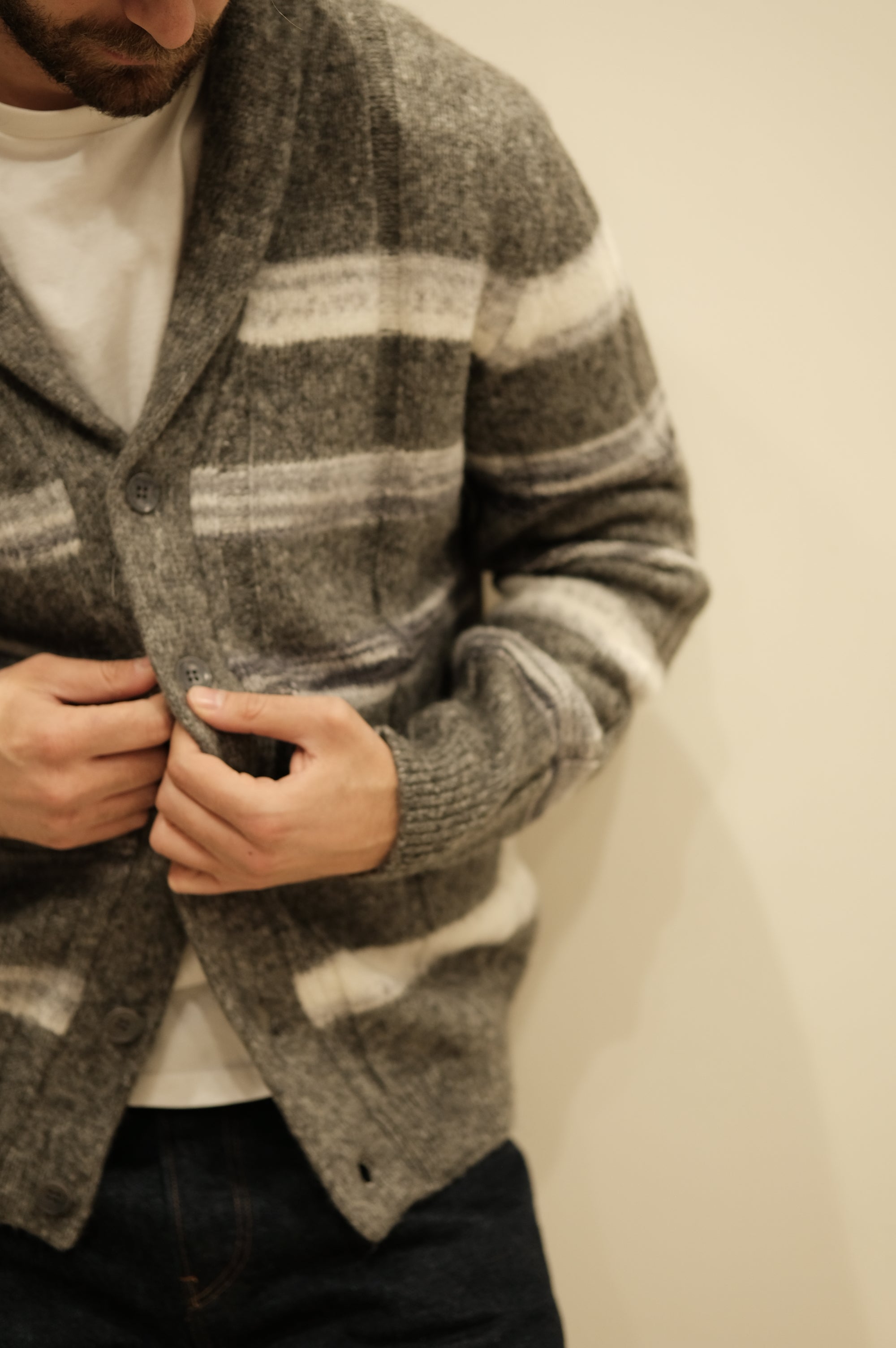 Jeordie's Maglione Sciallato a Righe e Coste Grigio Melange