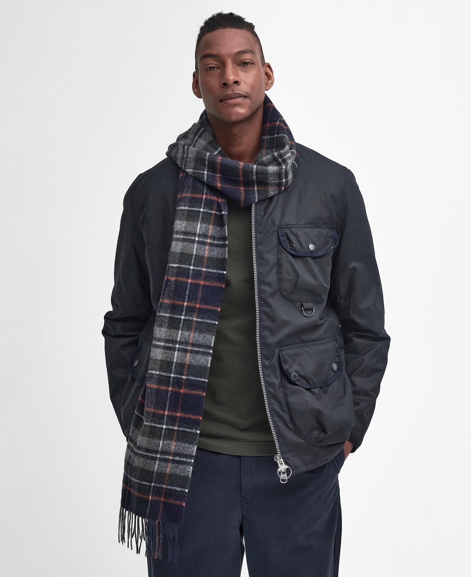 Barbour New Check Tartan Scarf Navy/Dark Ginger