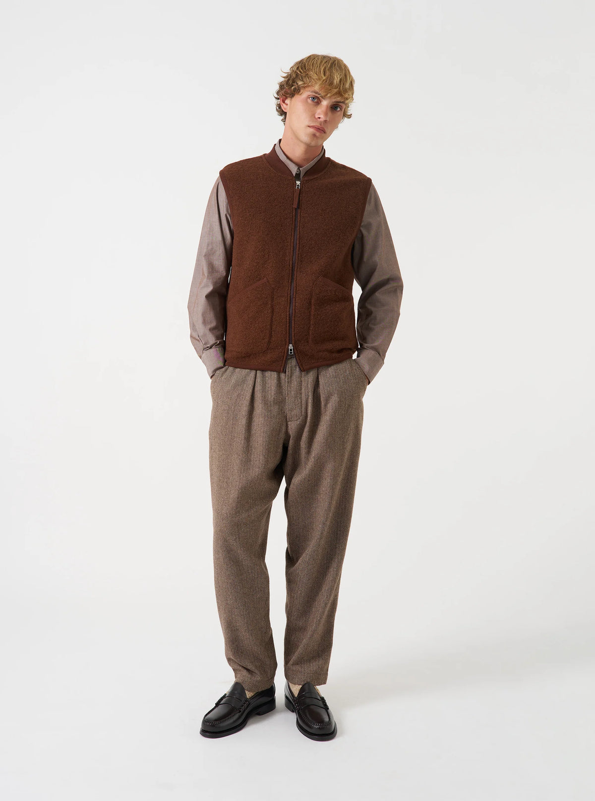Universal Works Wool Fleece Zip Waistcoat Cacao