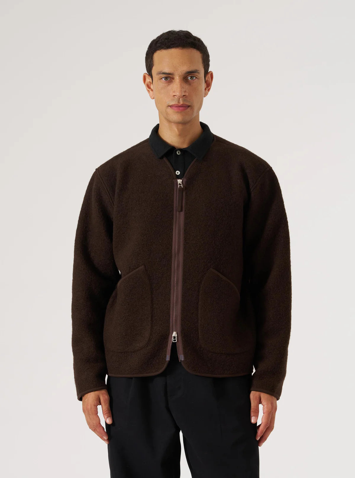 Universal Works Zip Liner Wool Fleece Jacket Brown