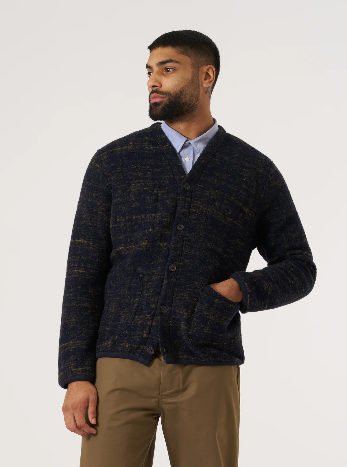 Universal Works Marble Fleece Cardigan Navy