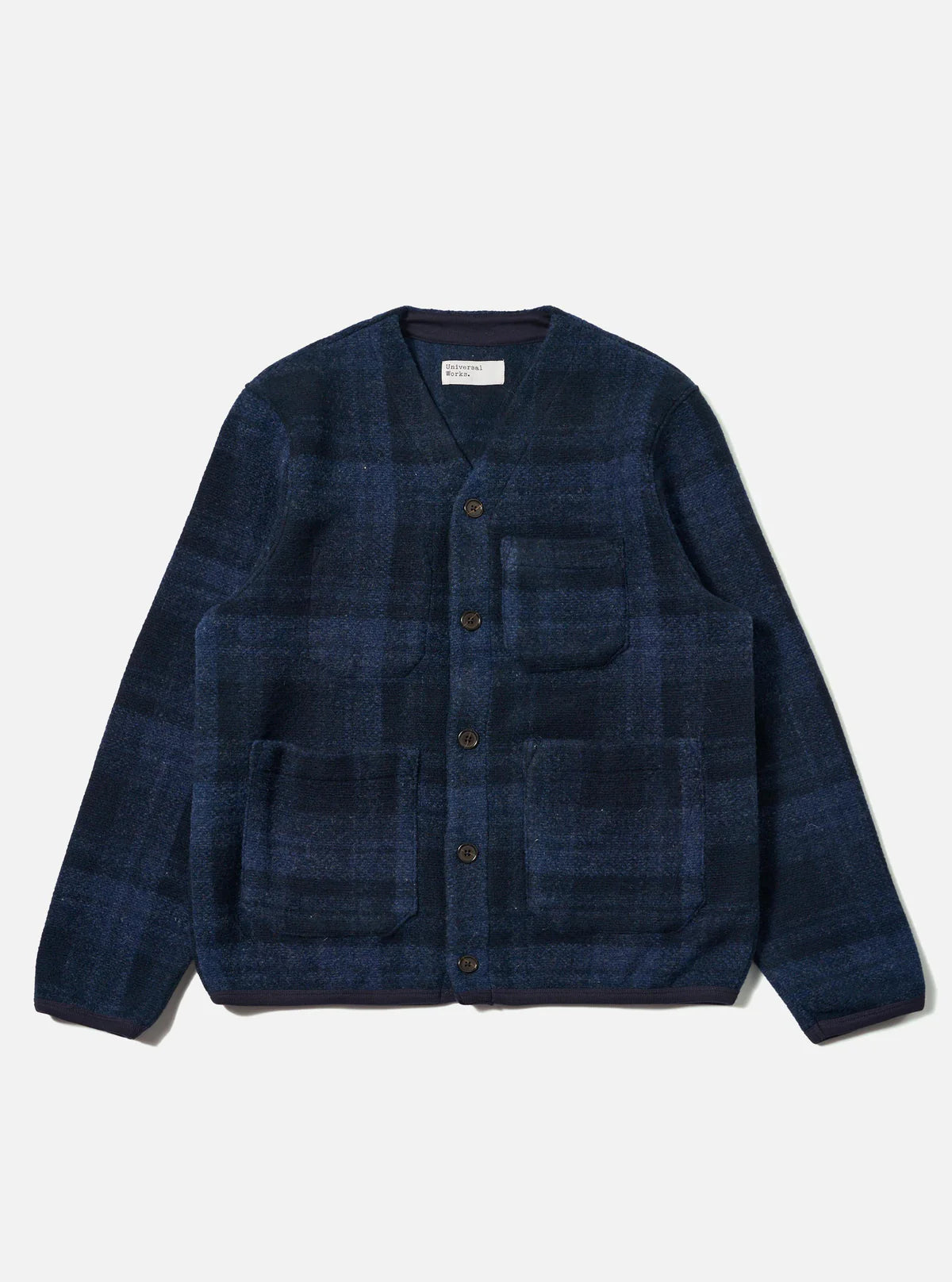 Universal Works Moh Check Fleece Cardigan Navy