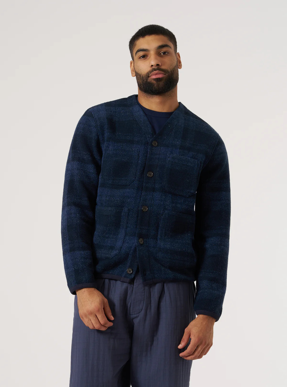 Universal Works Moh Check Fleece Cardigan Navy