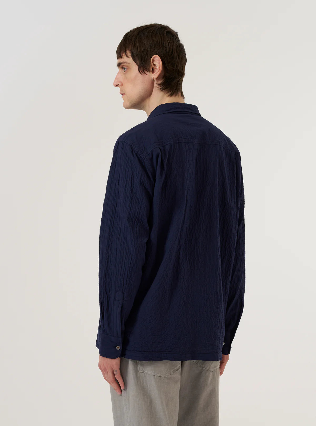 Universal Works Attendant Shirt Arten Seersucker Navy