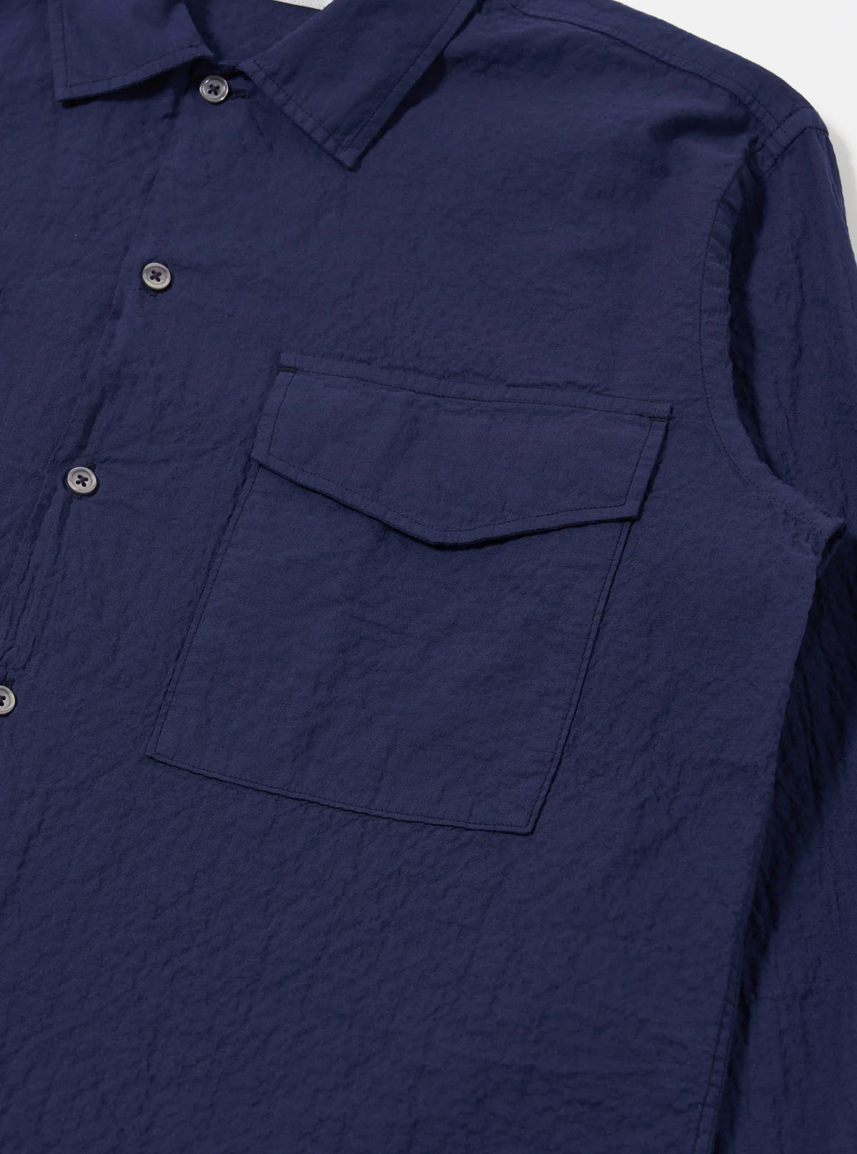 Universal Works Attendant Shirt Arten Seersucker Navy