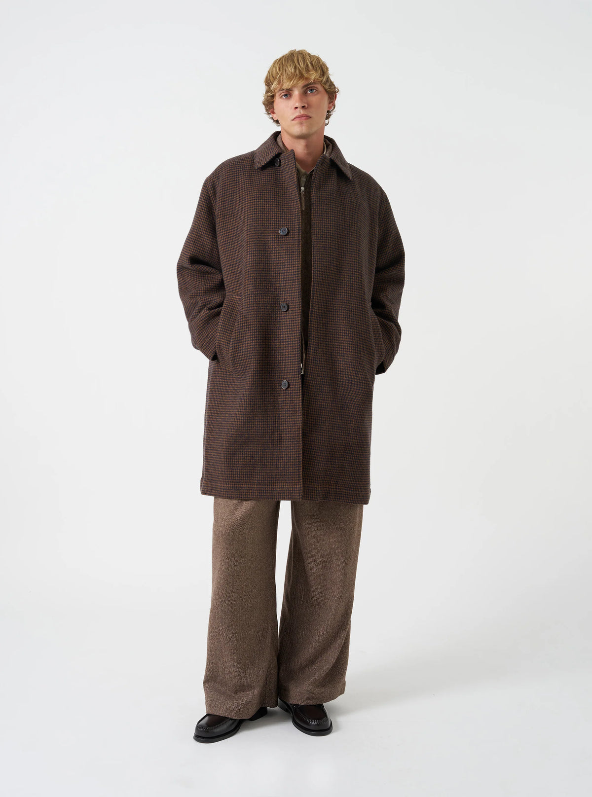 Universal Works Wool Tweed Stan Coat Navy/Brown