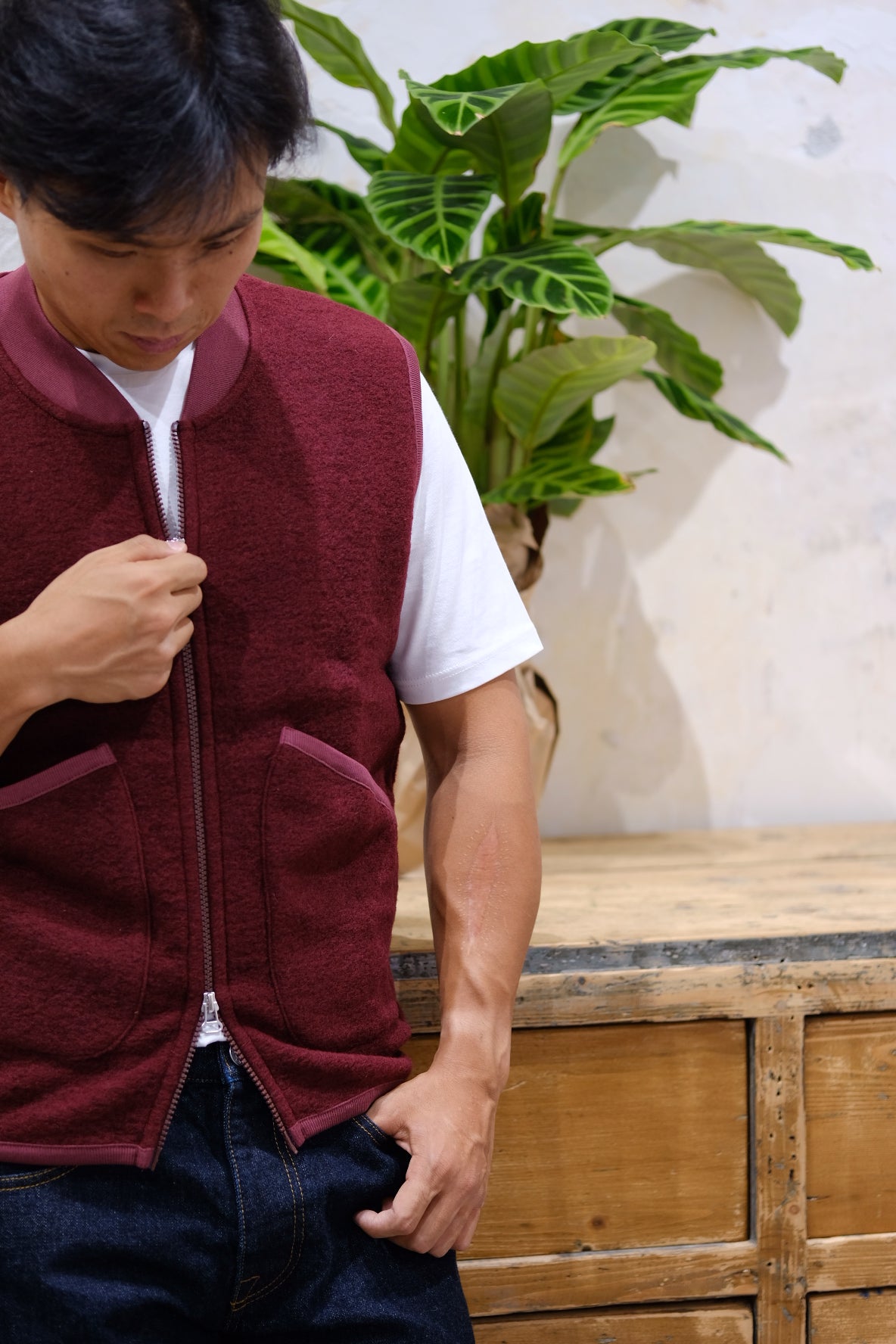 Universal Works Zip Waistcoat Deep Red