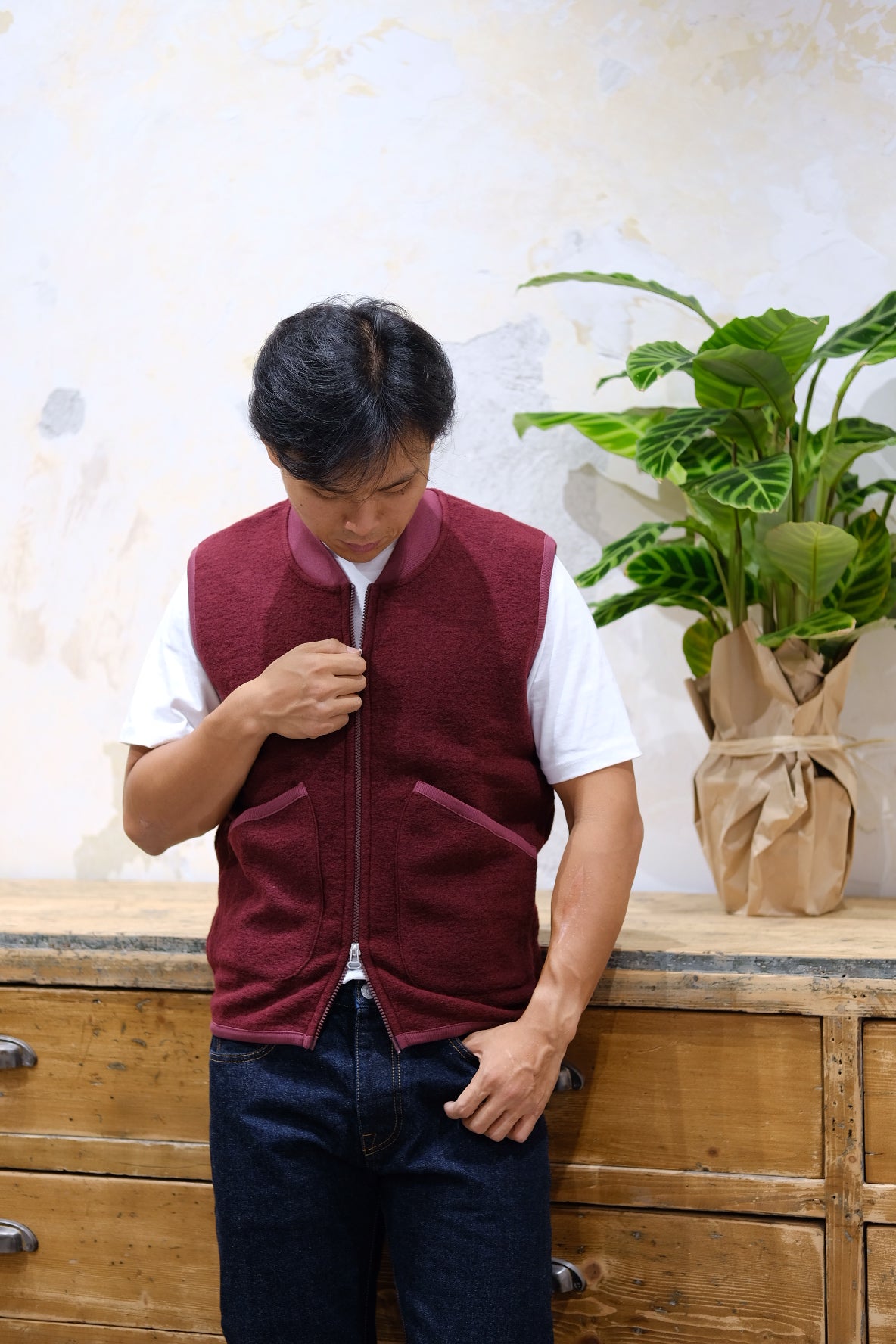 Universal Works Zip Waistcoat Deep Red