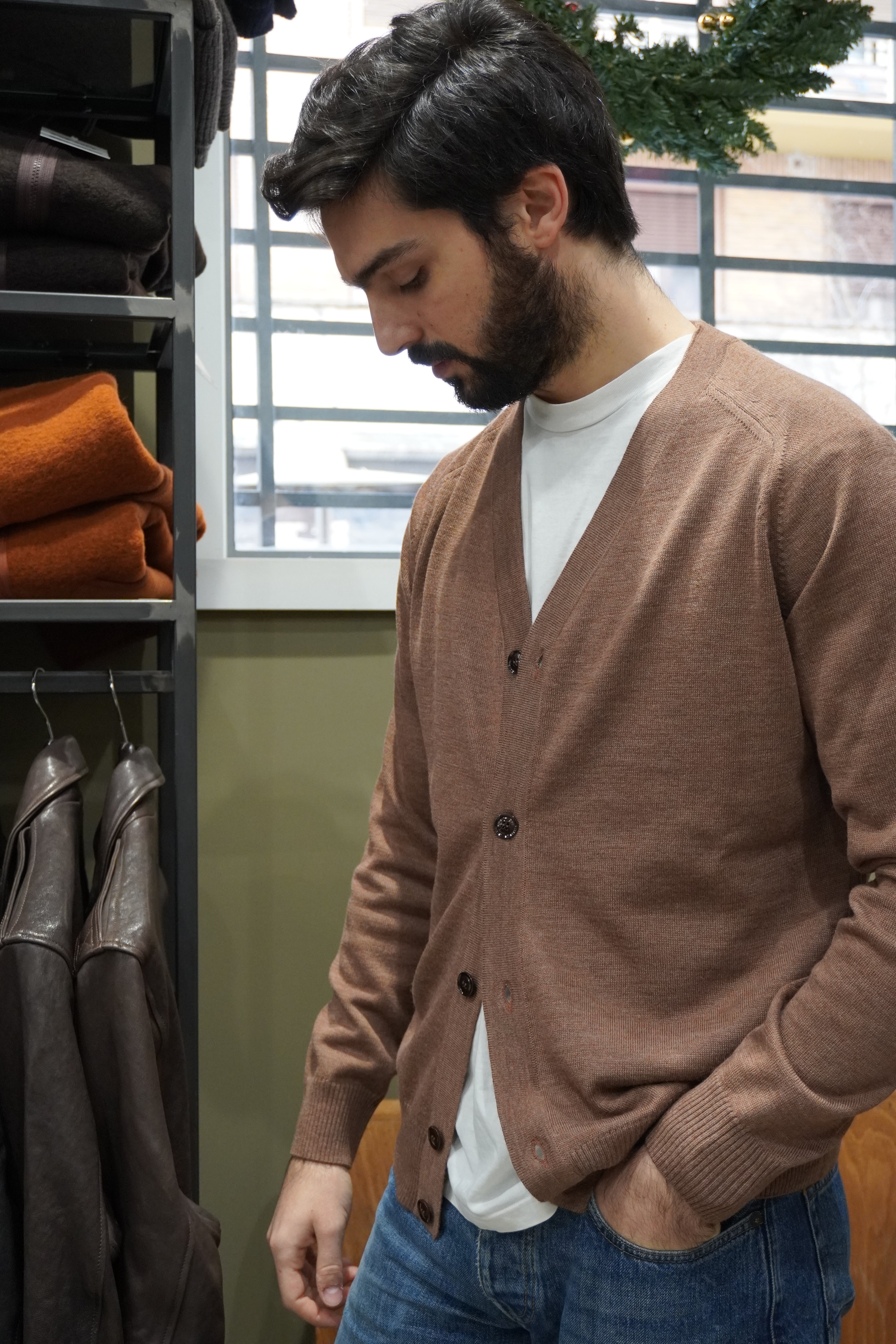 Wool & Co Cardigan Giro Sella Extrafine Merinos Tabacco