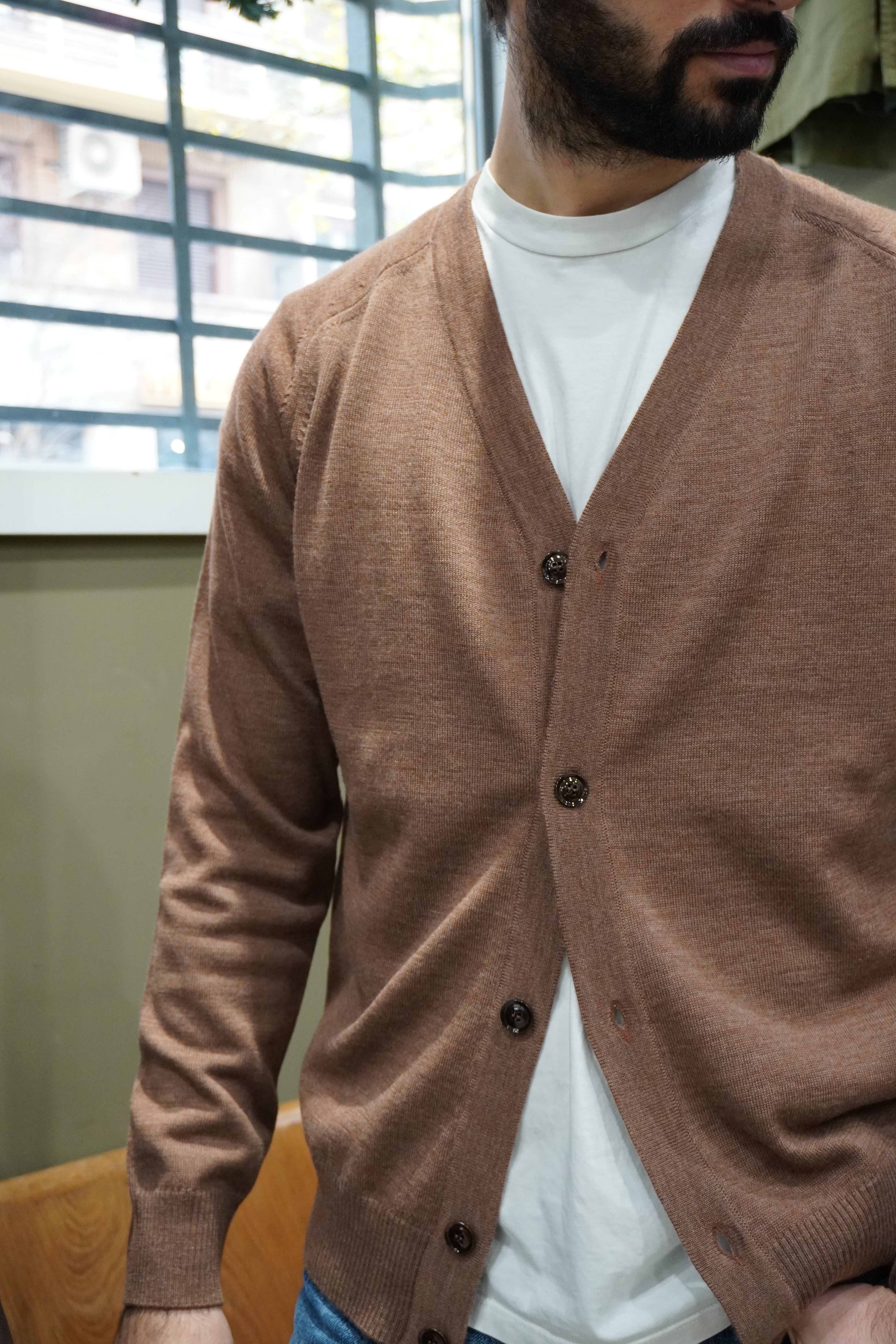 Wool & Co Cardigan Giro Sella Extrafine Merinos Tabacco