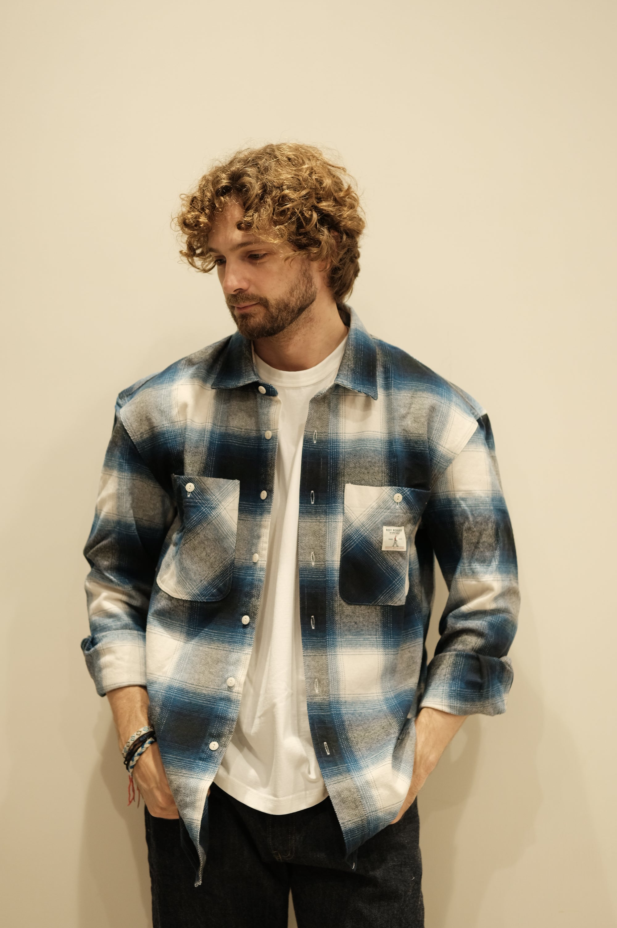 Roy Rogers Workwear Work Shirt Check Washed Blue