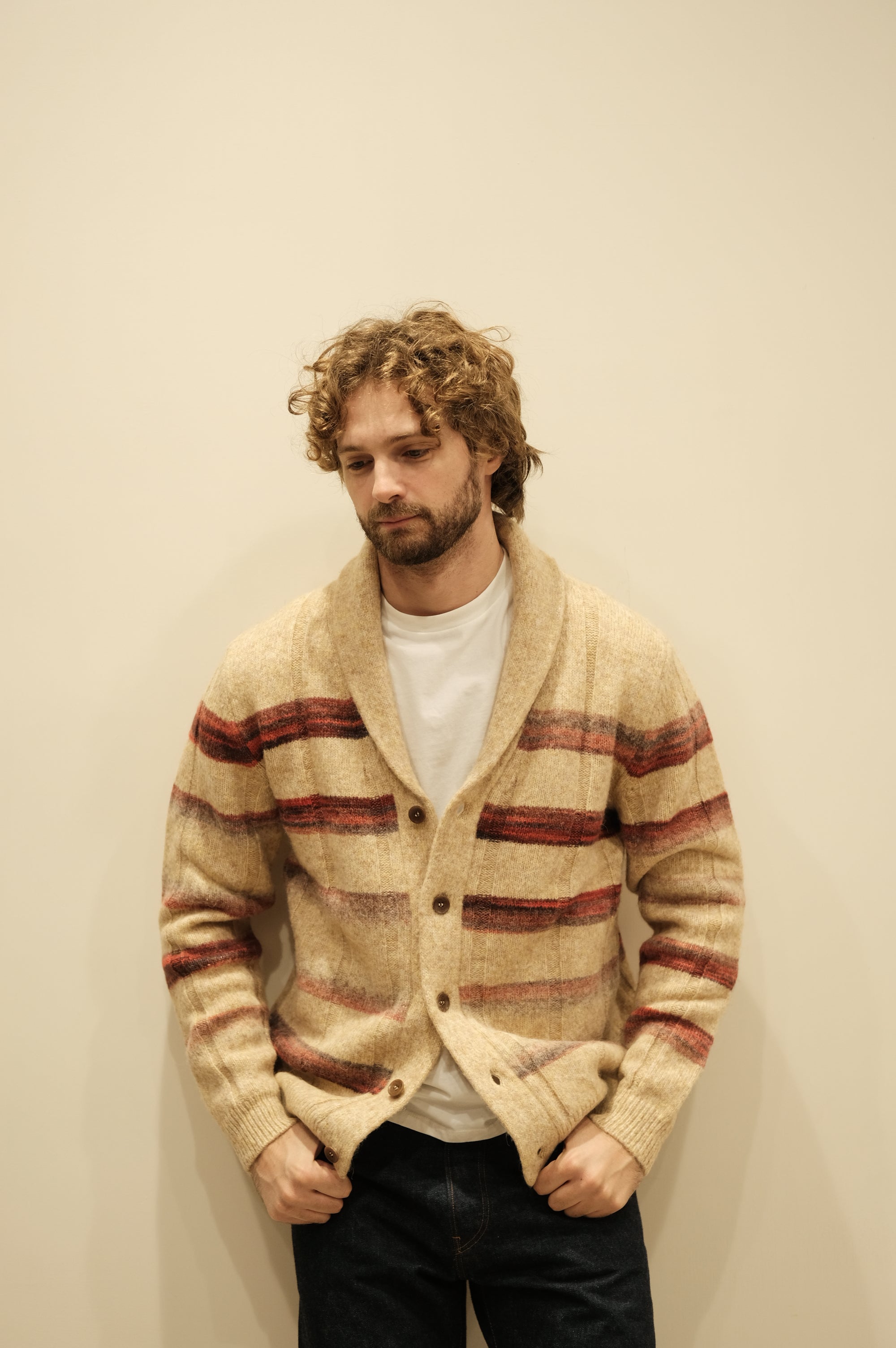Jeordie's Maglione Sciallato a Righe e Coste Beige Melange