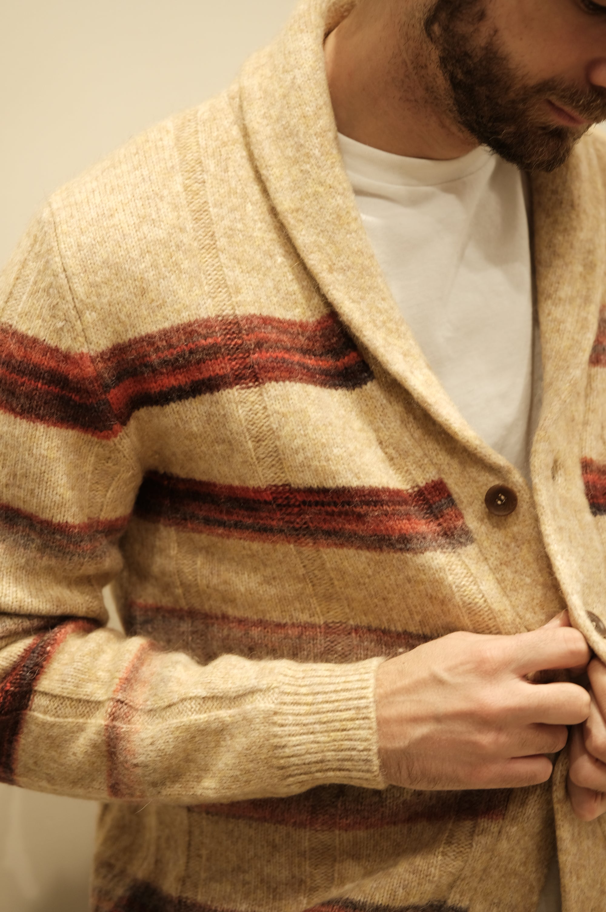 Jeordie's Maglione Sciallato a Righe e Coste Beige Melange