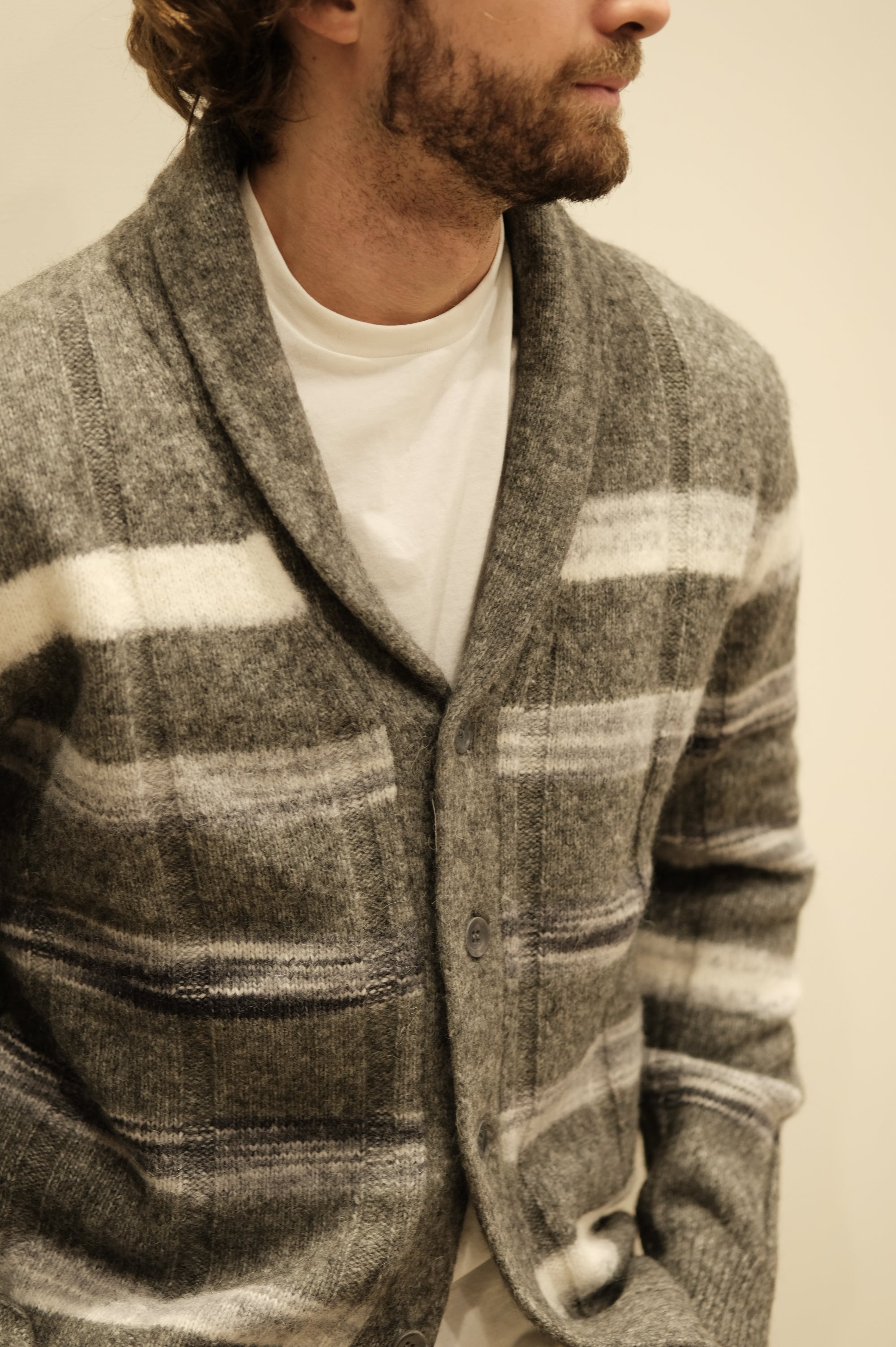 Jeordie's Maglione Sciallato a Righe e Coste Grigio Melange