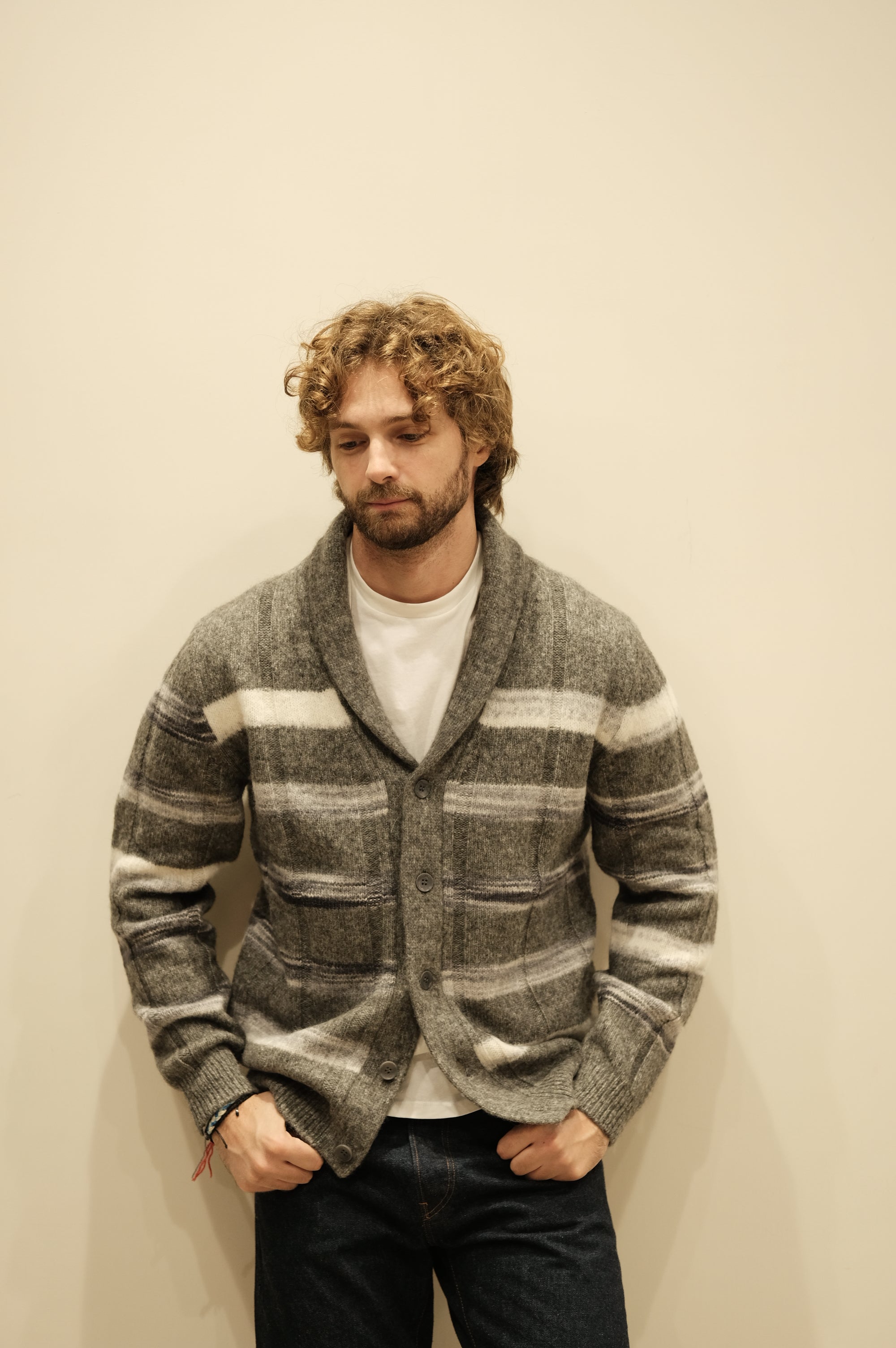 Jeordie's Maglione Sciallato a Righe e Coste Grigio Melange